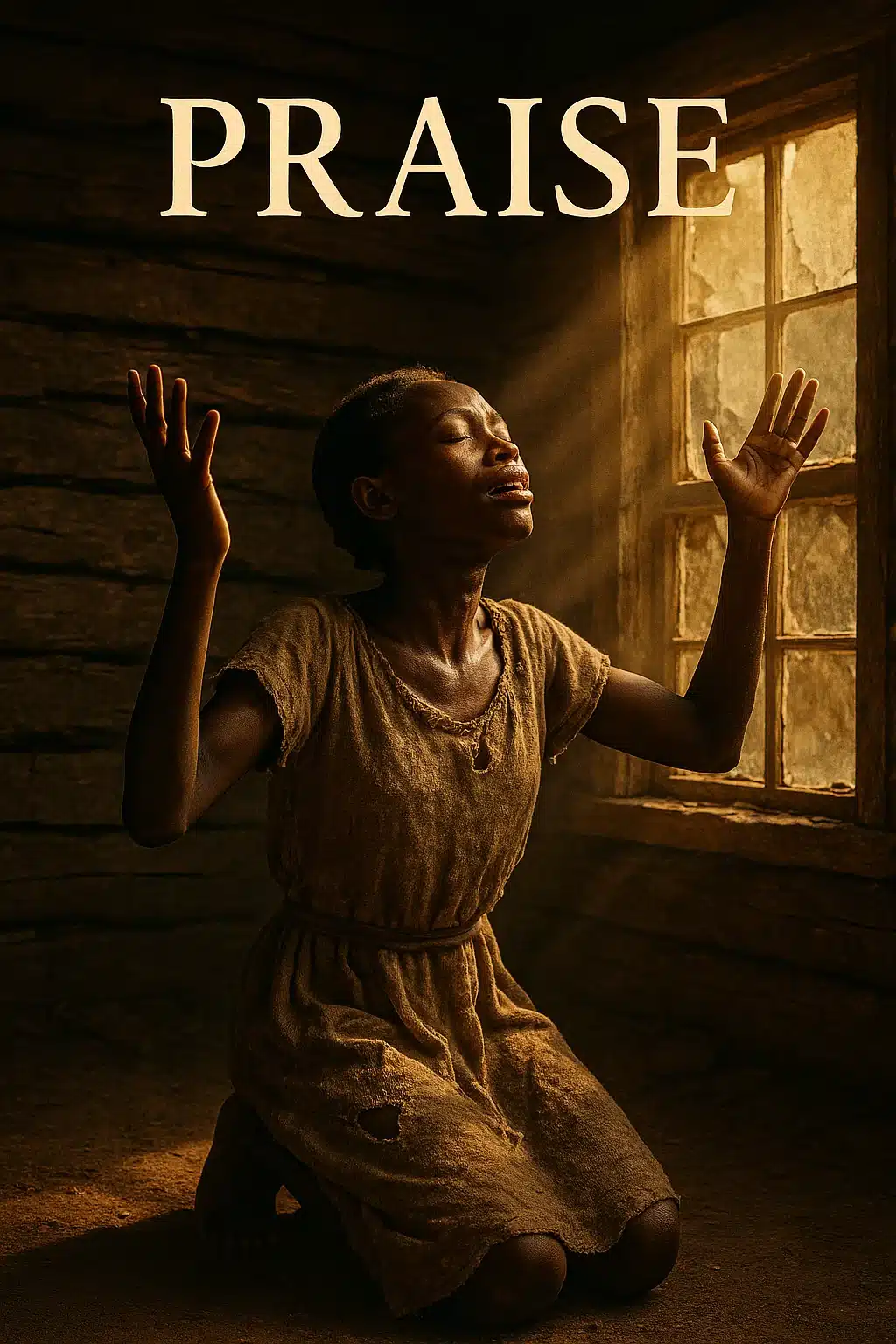 Graphic reading 'PRAISE' over an image of a person kneeling in prayer with hands raised toward sunlight through a window.