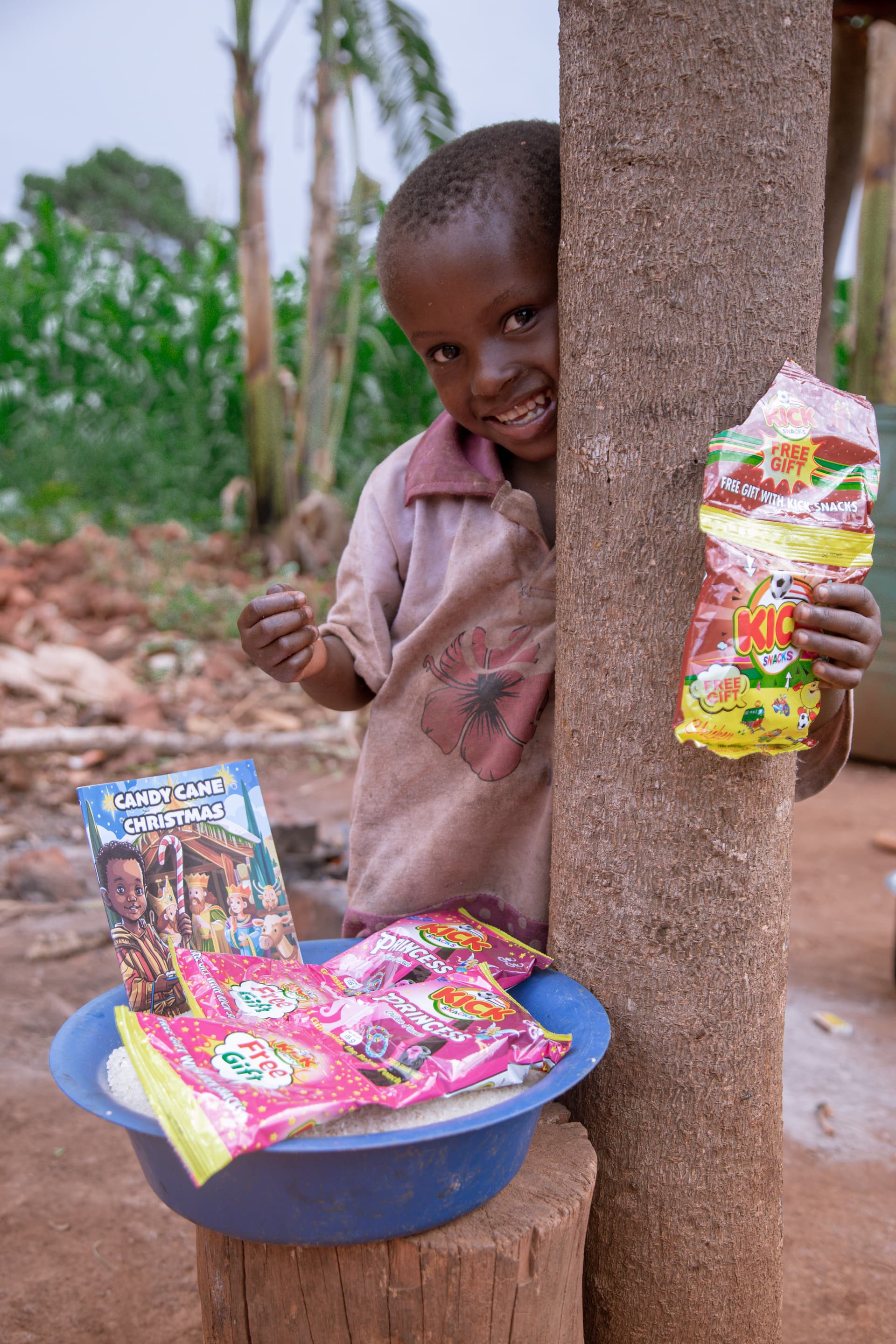 A boy stands by a tree trunk with a snack packet and a blue basin resting on a stump.