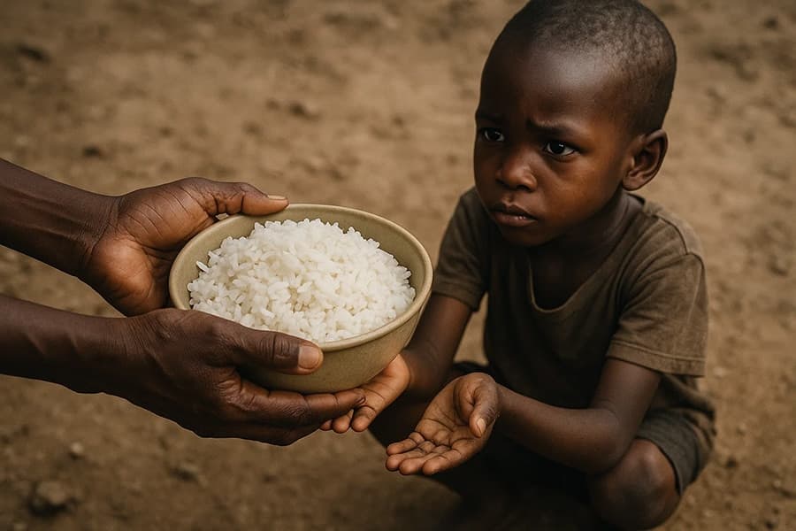 Hands offer a bowl of rice to a young child reaching out with both hands.