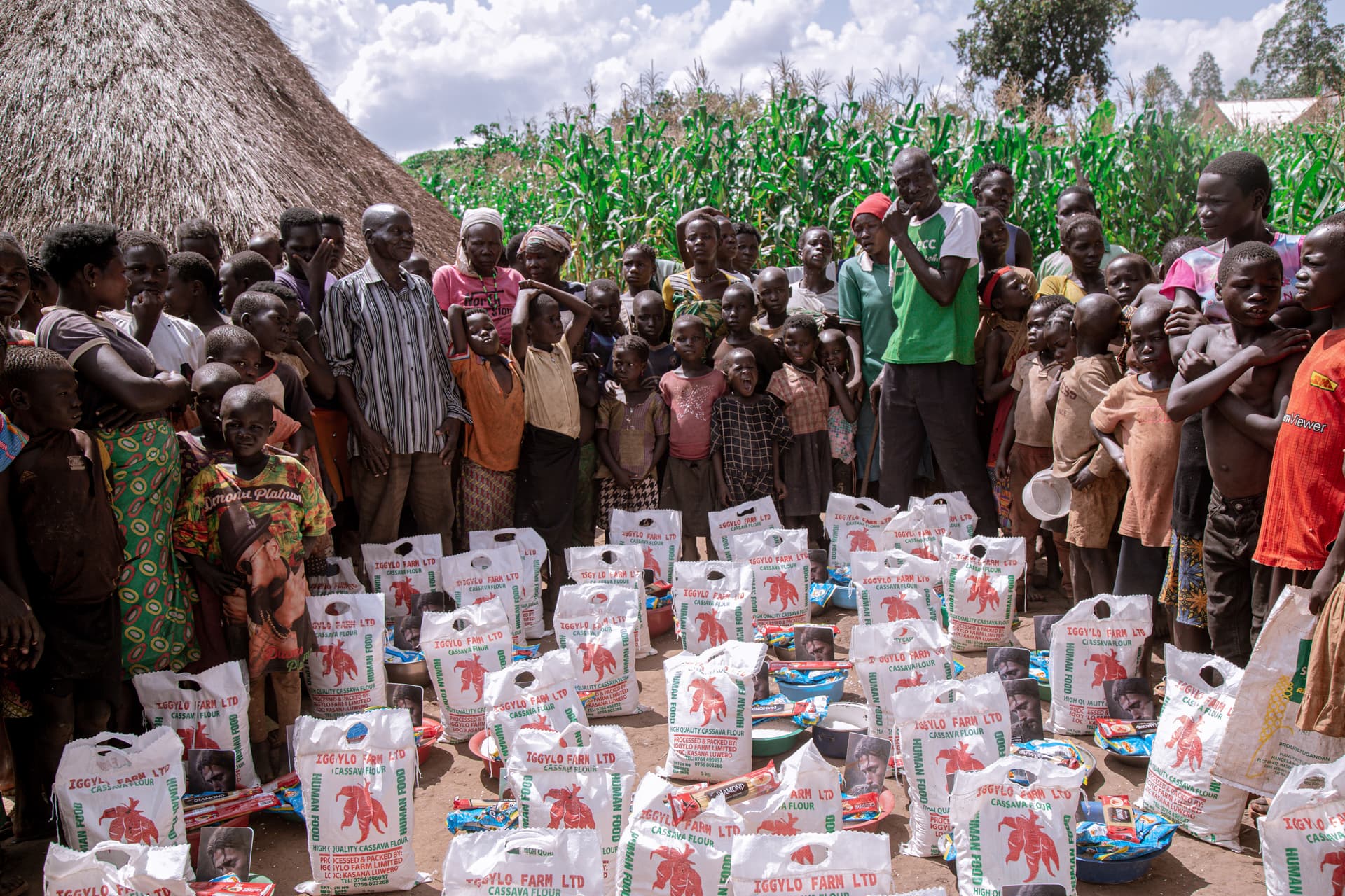 A large crowd of children stand over rows of white food package bags laid out on the ground.