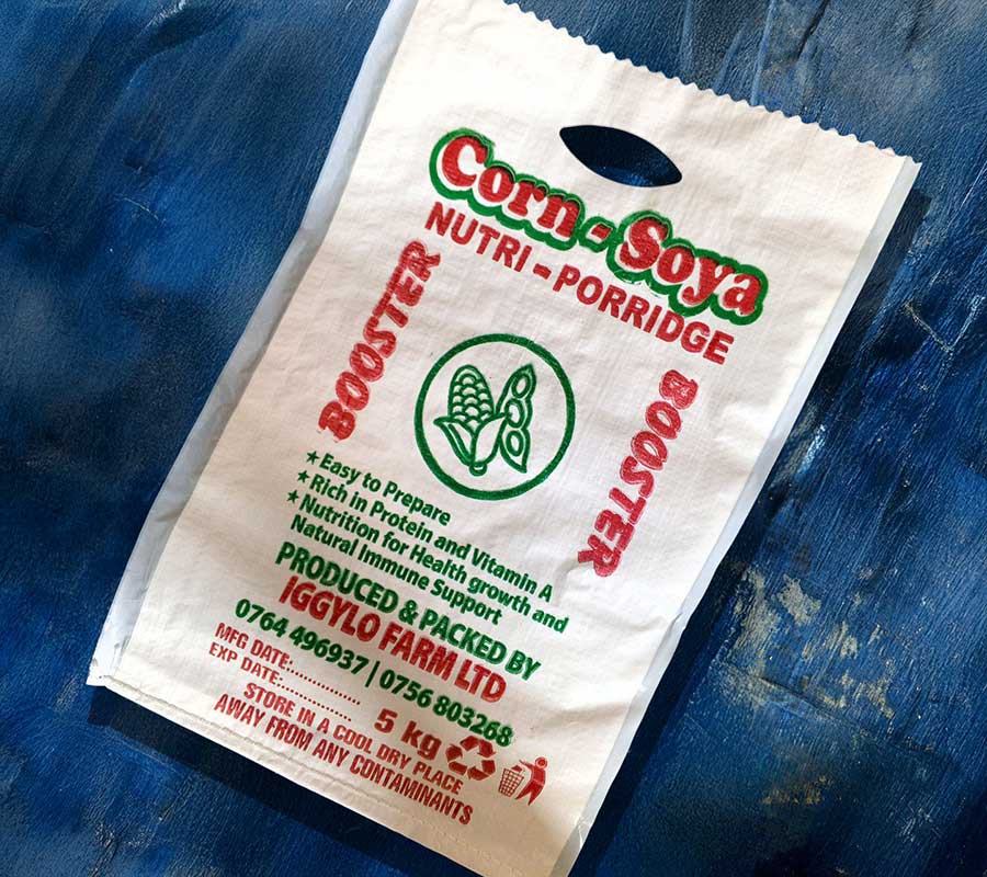 Packaged bag of Corn-Soya Nutri-Porridge Booster fortified food product.