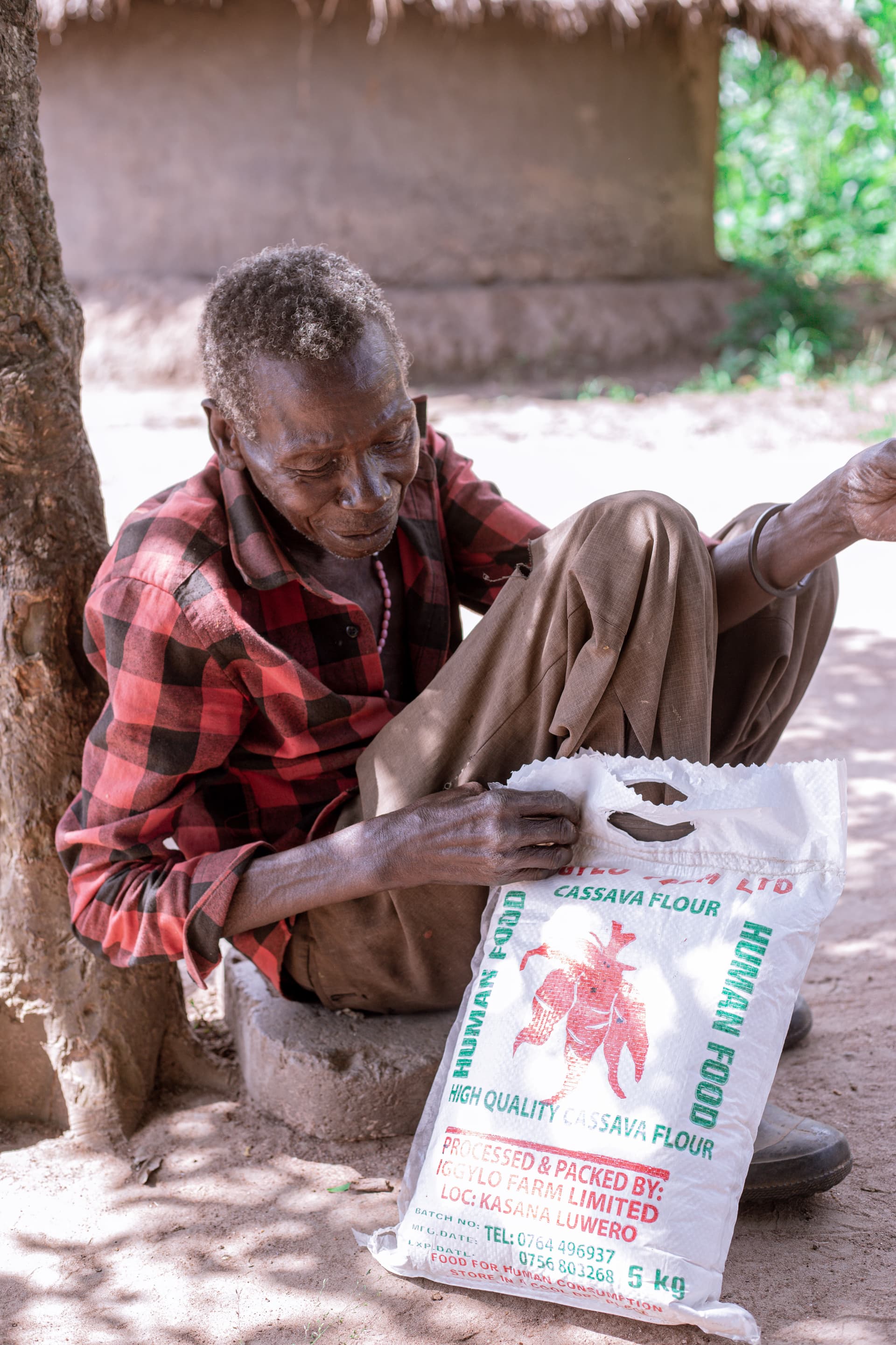 An elderly man in a red plaid shirt sitting on the ground holding a bag of food gift items.